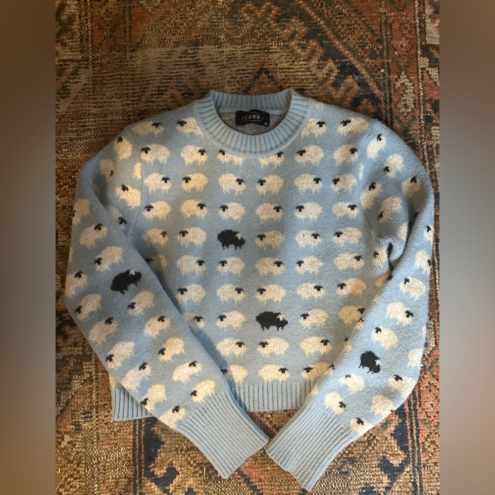 Cider Light Blue Sheep Pattern Crewneck Sweater